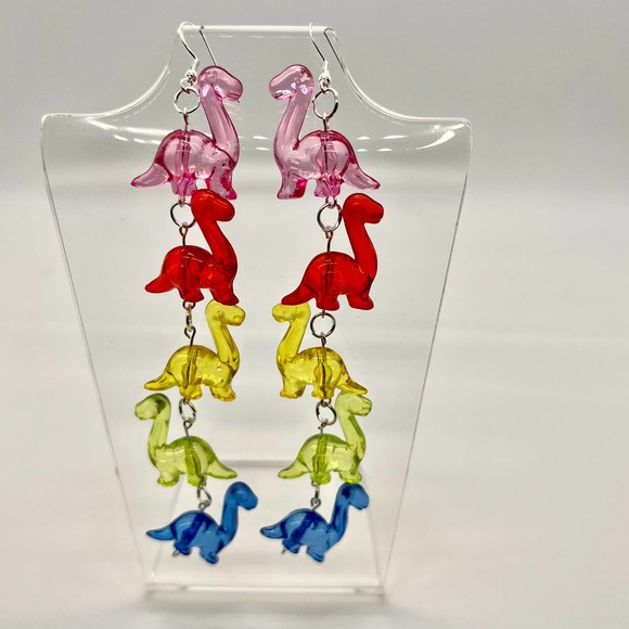 Dinosaur Chain Earrings - Toy Earrings - Rainbow Earrings - Long Earrings - Picture 1 of 11